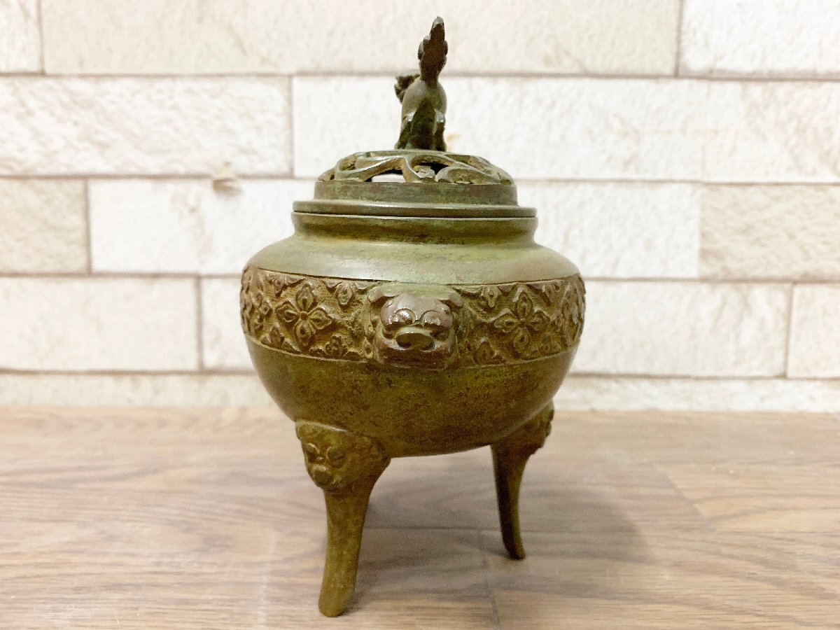 高岡銅器 幸雲作 香炉 シーサー 獅子 美術銅器 三足 華道具 銅製 骨董