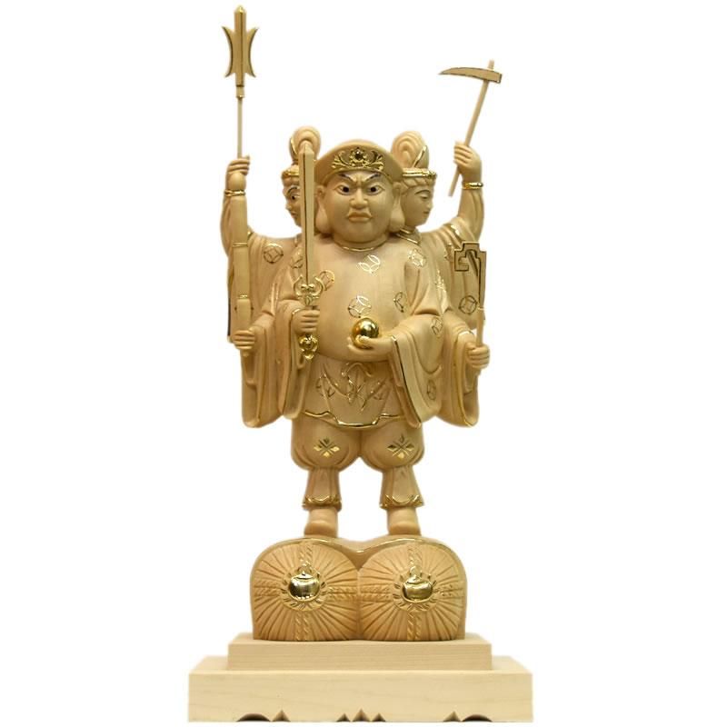 桧木三面出世大黒天 立5.0寸 切金 総丈33cm 比叡山形三面大黒天