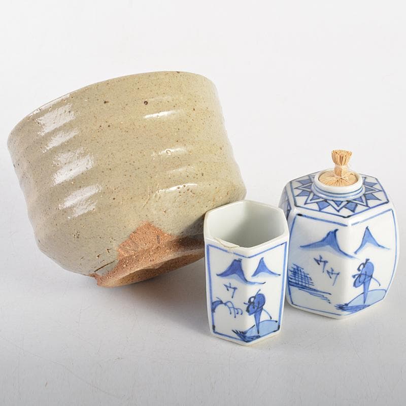 茶道具 利休茶箱 茶碗 平安春峰作 振出など 八点 一式 仕覆付 V R7509
