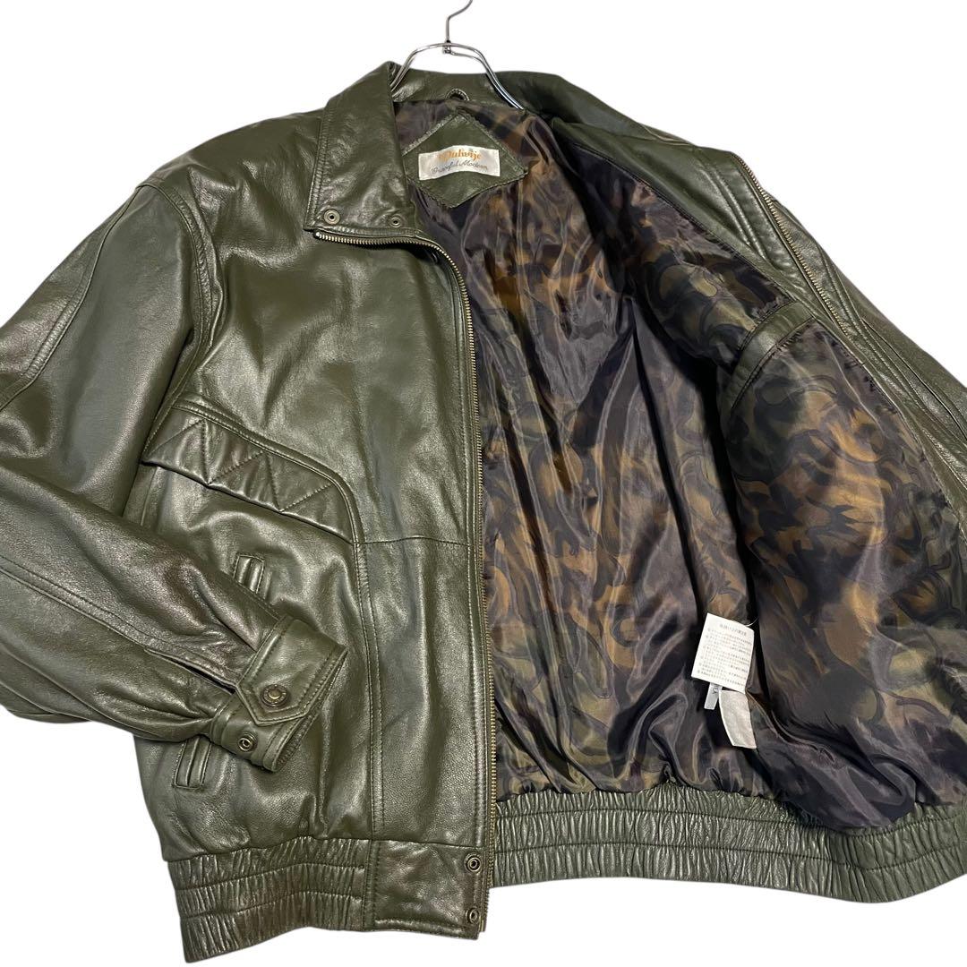 vintage】スペイン 羊革ラムレザーシングルライダースジャケット カーキL