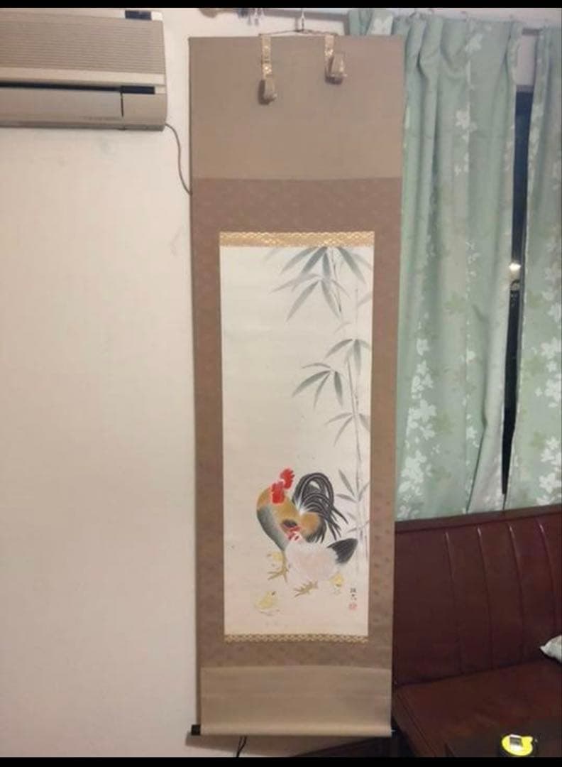 100】「一家全慶」　 佐藤純吉作　掛軸　にわとり 100】「一家全慶」 佐藤純吉作 掛軸 にわとり